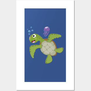 Cute green sea turtle happy cartoon illustration Posters and Art